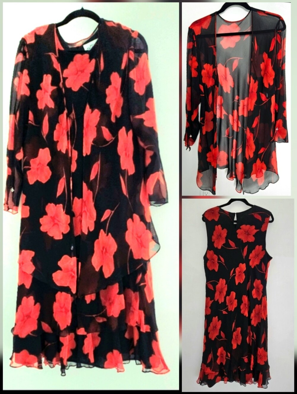 Cattiva New York Two Piece Black Red All Silk Crystal Floral Sleeveless Dress